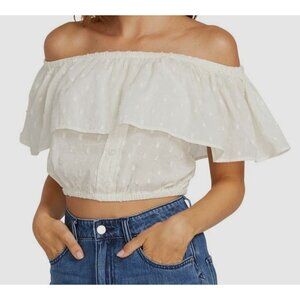 VOLCOM Winding Roads Cami Crop Tank Top Sz L White Polka Dot Off Shoulder Ruffle